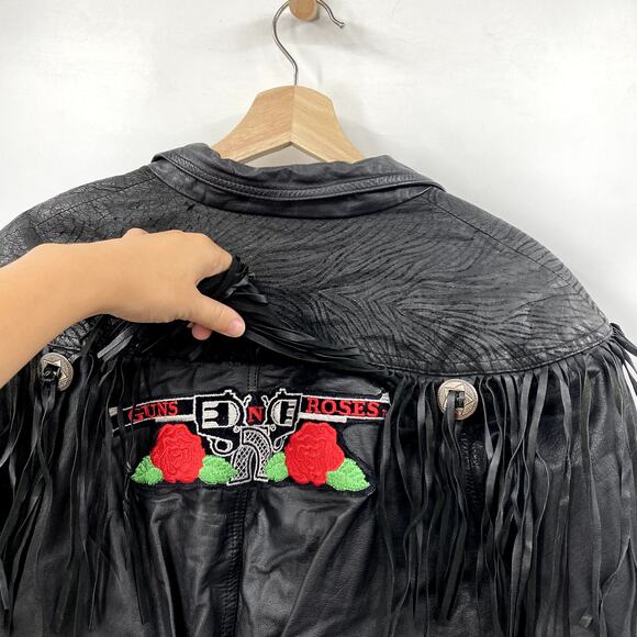 Vintage Leather Guns N Roses Fringe Embroidered Western Moto Jacket - Picture 5 of 7